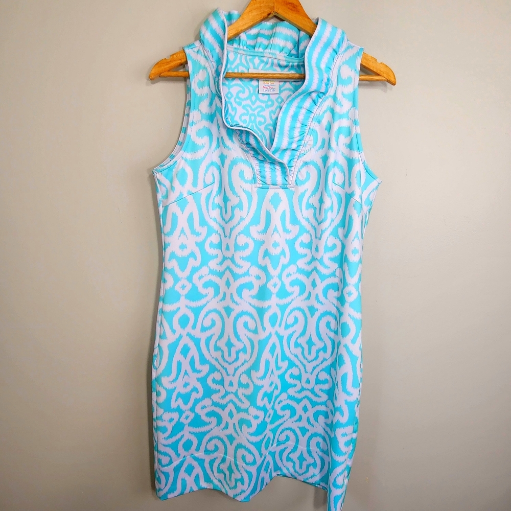 Gretchen Scott Dress Ruffle Ruffneck Sheath Turquoise Arabesque Size L Wedding - Picture 2 of 10